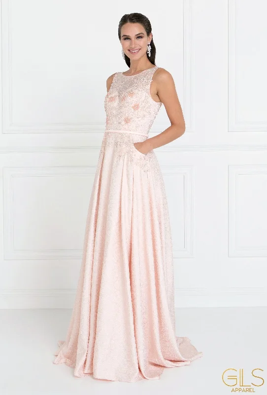 Short wedding guest dresses for a fun, playful look -Blush Long Lace Bodice Dress with Pockets by Elizabeth K GL1545