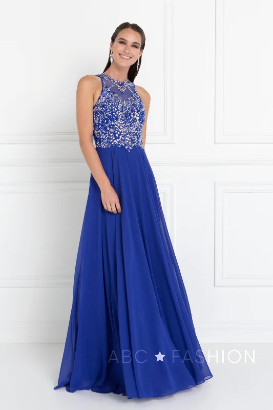 formal dresses for winter balls with faux fur accents --Long Dress with Jeweled Bodice by Elizabeth K GL1572