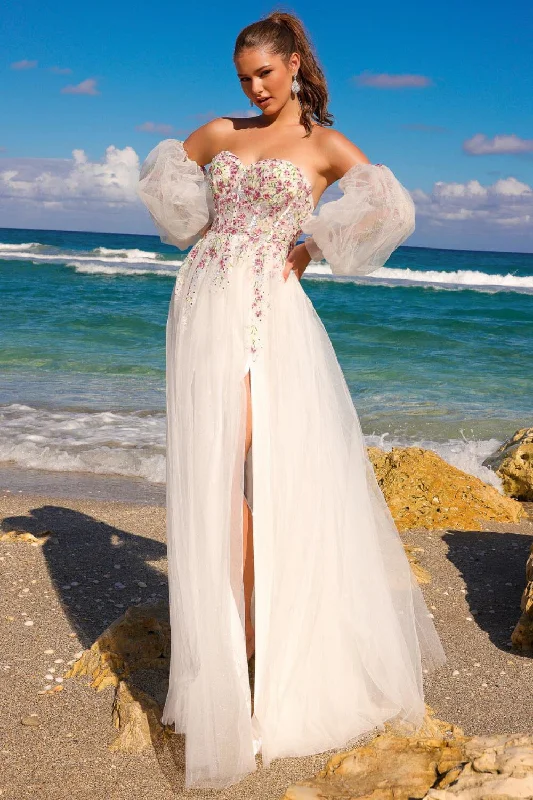 cocktail dresses with ruched sides for slimming effect --Floral Embroidered A-line Slit Gown by Amelia Couture SU070