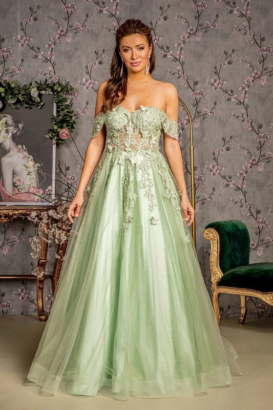 cocktail dresses with mesh sleeves for subtle coverage --3D Butterfly Off Shoulder Corset Gown by GLS Gloria GL3296
