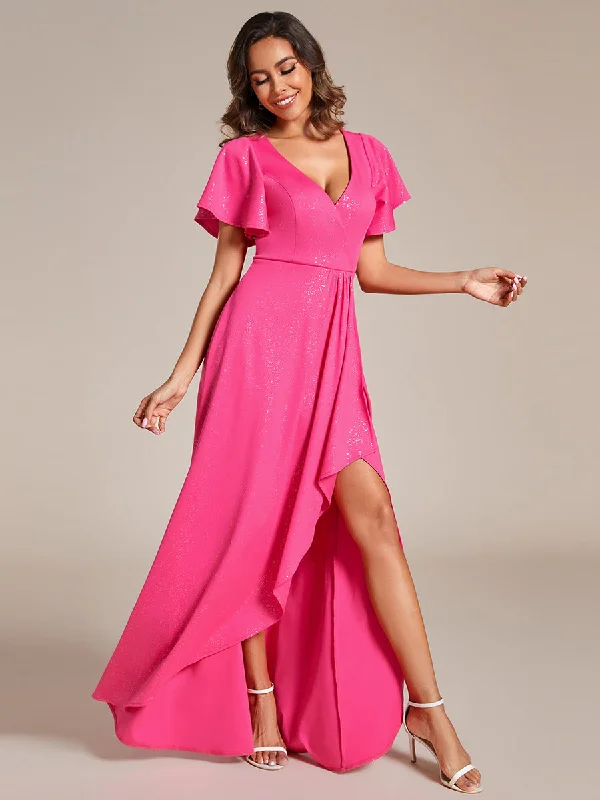formal dresses with high necklines for modest fashion lovers --Shiny Tea Length Split Wholesale Evening Dresses With Ruffle Sleeves