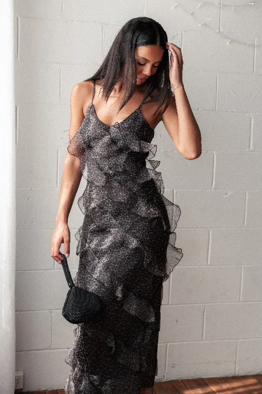 High-neck wedding guest dresses for conservative events -Ciao Ruffles Maxi Dress - Black Leopard