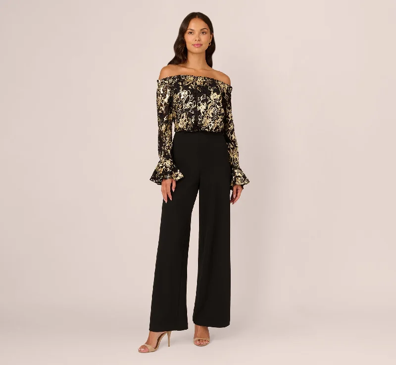 Spring dresses for a wedding with modern designs -Lace And Crepe Jumpsuit In Black Gold