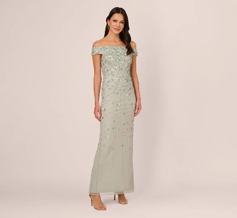 formal dresses with built-in shapewear for smooth figure --Off Shoulder Dress With Floral Embellishment In Frosted Sage