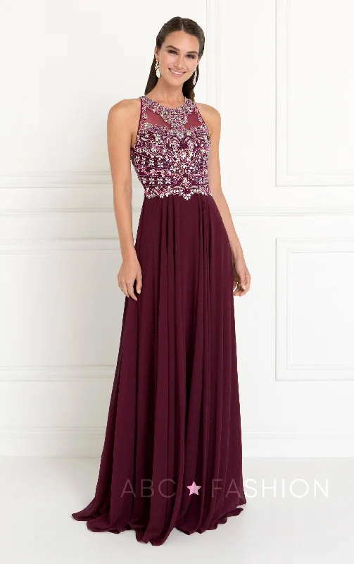 formal dresses with satin fabric for smooth finish --Long Dress with Jeweled Bodice by Elizabeth K GL1564