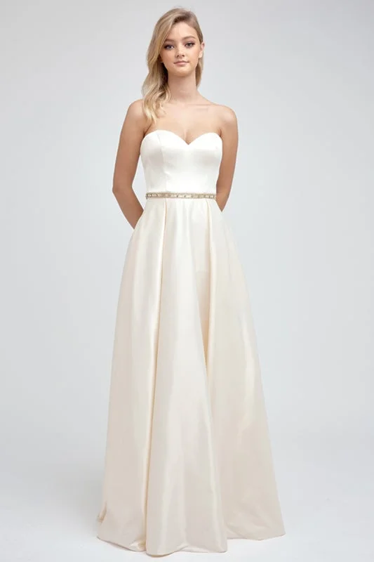 formal dresses with built-in bras for added support --Long Strapless Satin Dress by Juliet 688 - Outlet
