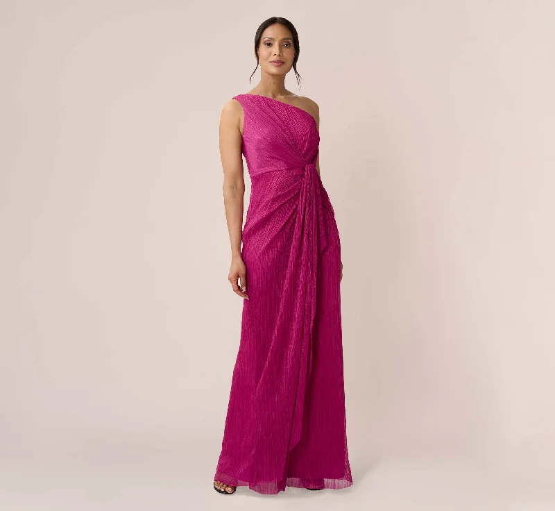 formal dresses with satin fabric for smooth finish --Stardust Pleated Draped One Shoulder Gown In Magenta