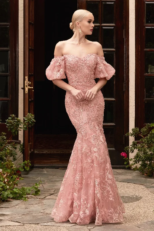 cocktail dresses with mesh necklines for modern appeal --Lace Off Shoulder Mermaid Gown by Cinderella Divine CD959