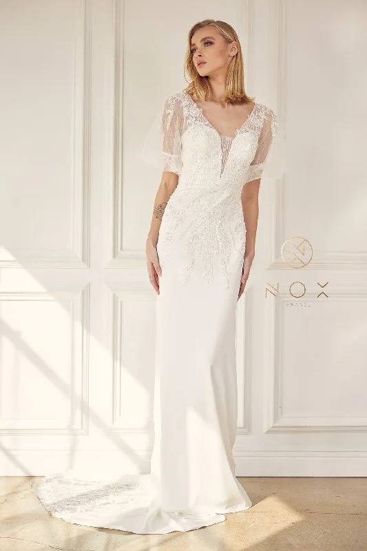 Best wedding guest dresses for winter holiday weddings -Applique Short Sleeve Wedding Gown by Nox Anabel JE927