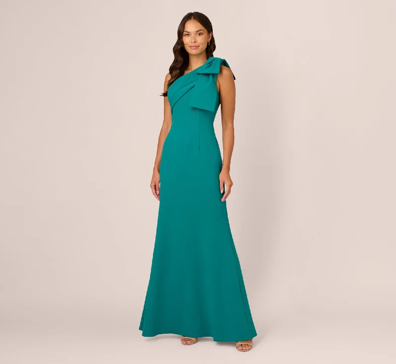 formal dresses for cruise vacations in wrinkle-resistant fabric --Stretch Crepe One Shoulder Mermaid Gown With Bow Accent In Tempo Teal