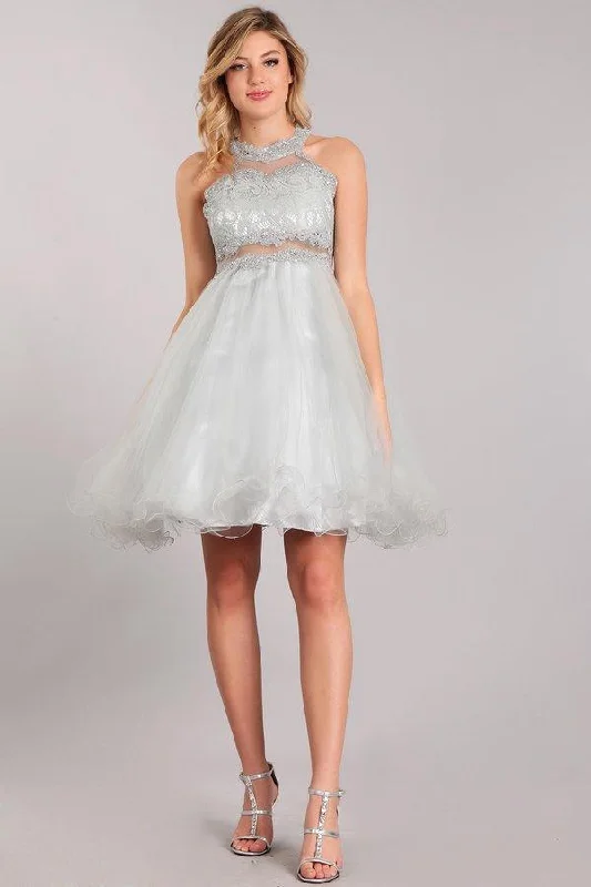 Embellished cocktail dresses for extra style -Short Halter Dress with Lace Bodice by Cinderella Couture 5040