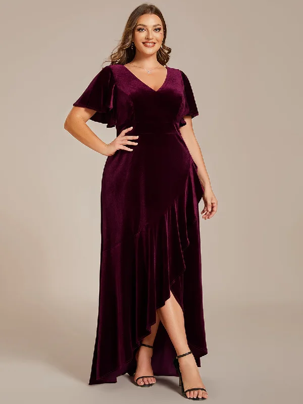 formal dresses with tiered skirts for volume and movement --Plus Lotus Leaf Ruffles High-low V Neck Wholesale Evening Dress with Short Sleeves