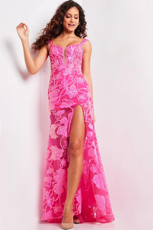formal dresses with floral appliques for romantic looks --Sequin Print Fitted Sleeveless Slit Gown by Jovani 38462