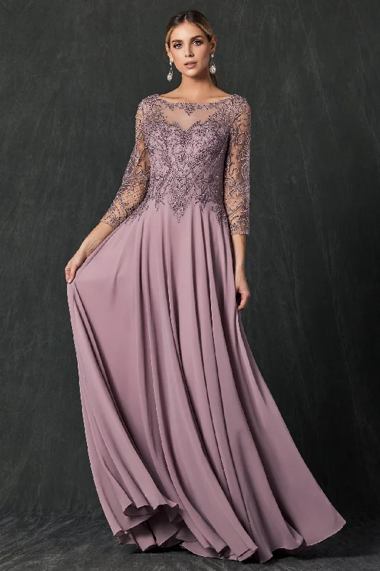 bridesmaid dresses for beach weddings in bright colors --Embroidered 3/4 Sleeve Chiffon Gown by Juliet M11