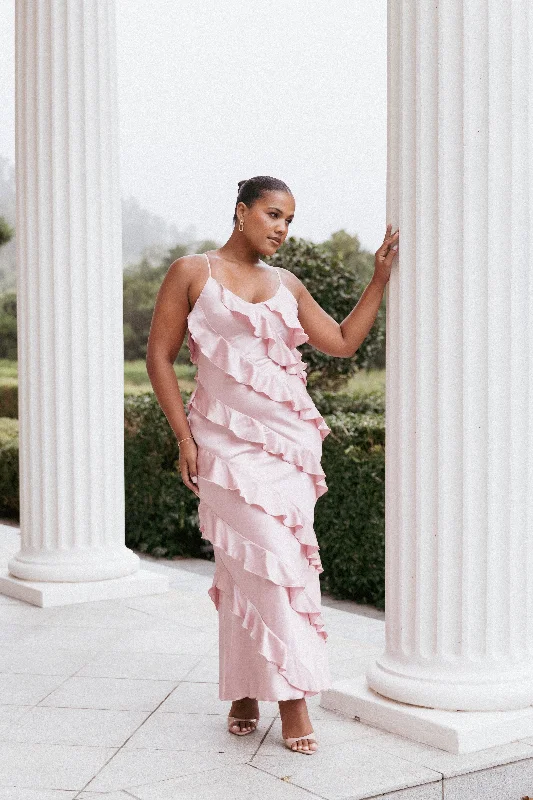 formal dresses with pleated skirts for graceful movement --Ciao Ruffles Maxi Satin Dress - Pink