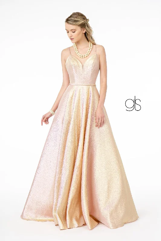 cocktail dresses with floral embroidery for romantic occasions --Long Iridescent Glitter Dress with Corset Back by Elizabeth K GL2951