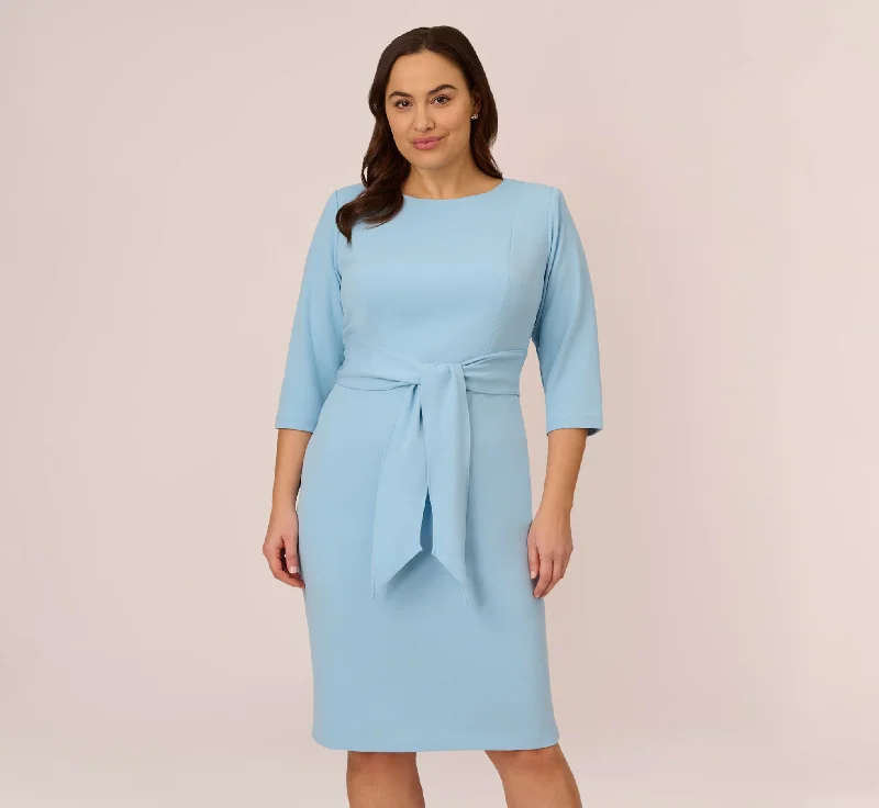 Spring dresses for a fun day out with friends -Plus Size Knit Crepe Bow Sheath Dress With Three Quarter Sleeves In Blue Mist