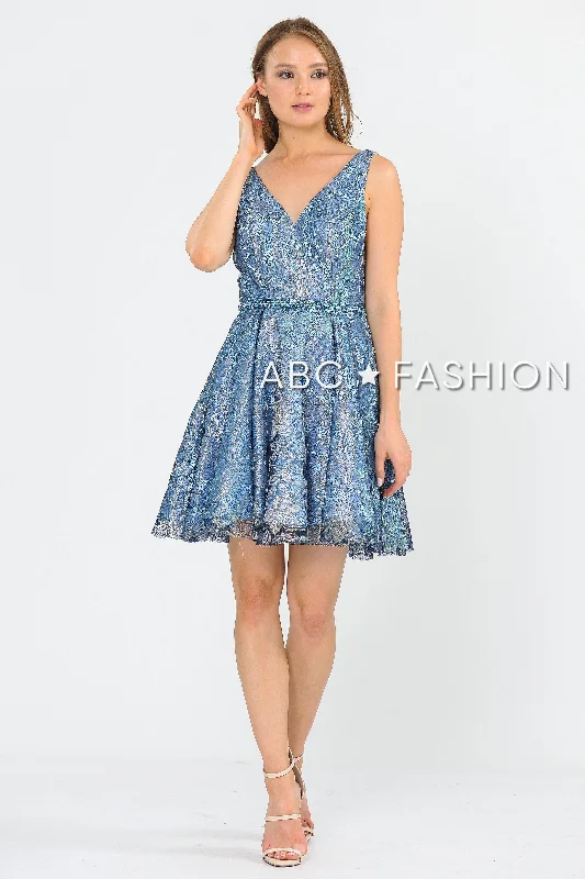 Graduation dresses for tall women with extra length -Short Glitter Print V-Neck Dress with Pockets by Poly USA 8504