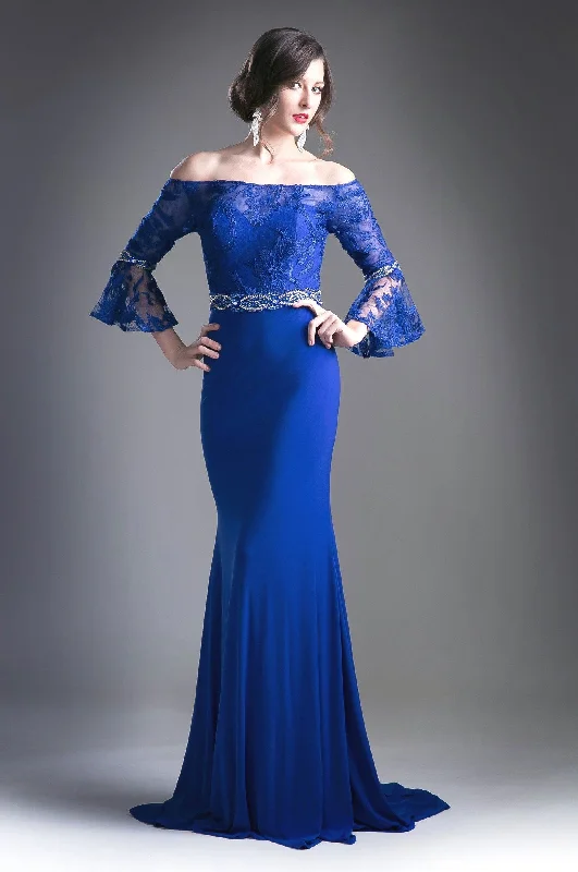 Wedding guest dresses with pockets for practicality -Long Off Shoulder Bell Sleeve Dress by Cinderella Divine 71241
