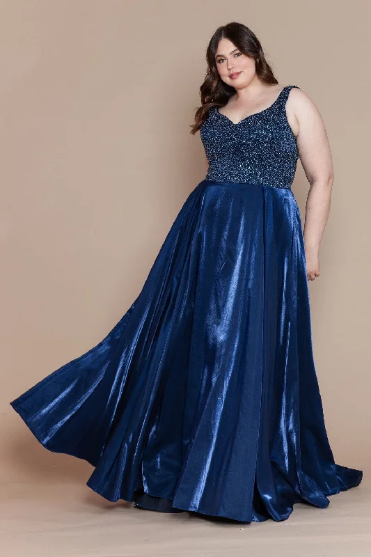 Effortlessly chic wedding guest dresses for sophisticated events -Plus Size Long Satin Dress with Beaded Bodice by Poly USA W1066