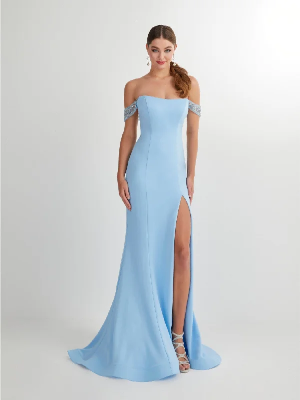 cocktail dresses with off-shoulder necklines for feminine charm --Fitted Crepe Of Shoulder Slit Gown by Studio 17 12907
