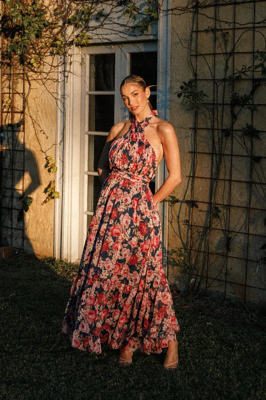 short cocktail dresses with sequins for holiday celebrations --Lennon Halterneck Maxi Dress - Navy Floral