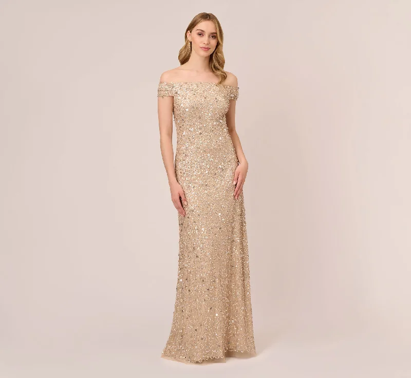 formal dresses with adjustable straps for custom fit --Off The Shoulder Sequin Beaded Gown In Champagne