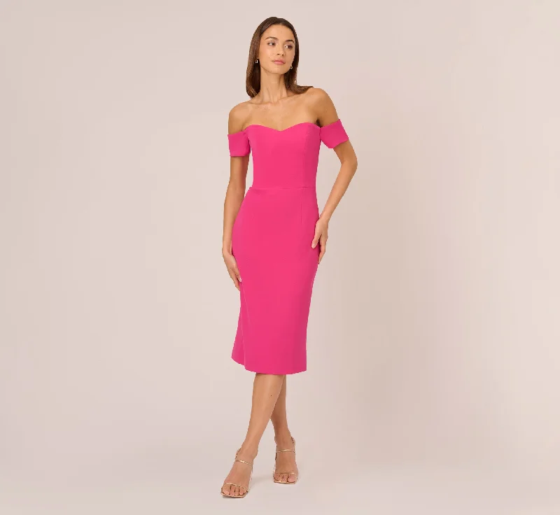 Spring dresses for long-lasting comfort and style -Off The Shoulder Midi Dress With Sweetheart Neckline In Brilliant Fuchsia
