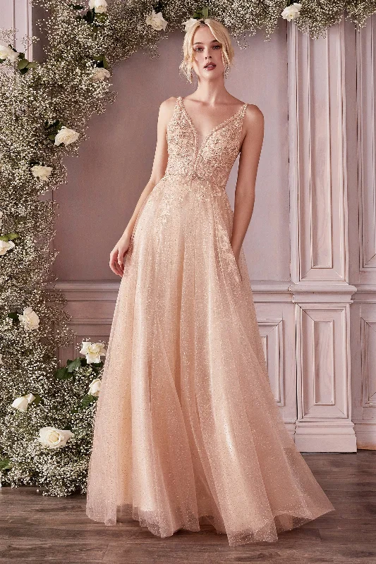 formal dresses with mesh sleeves for subtle coverage --Long Embellished Tulle Dress by Cinderella Divine CD0196