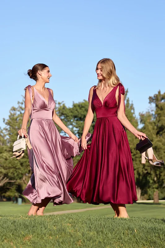 bridesmaid dresses with chiffon overlays for soft texture --Satin Sleeveless A-line Tea Length Dress by Ladivine 7499