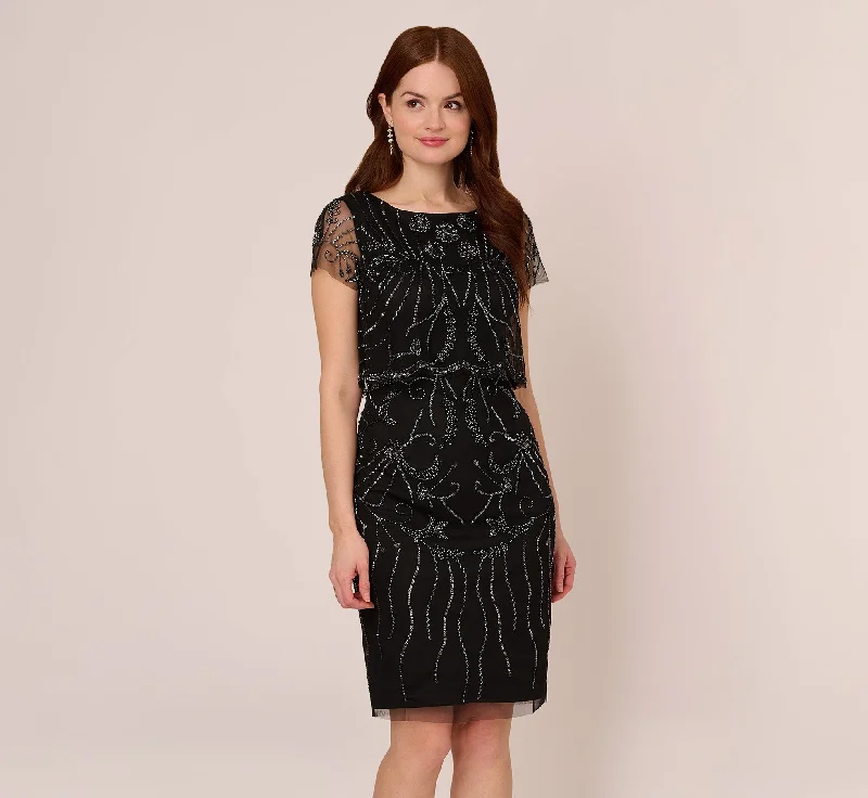 Wedding guest dresses with tiered skirts for a dramatic effect -Short Sleeve Beaded Cocktail Dress With Popover In Black Gunmetal