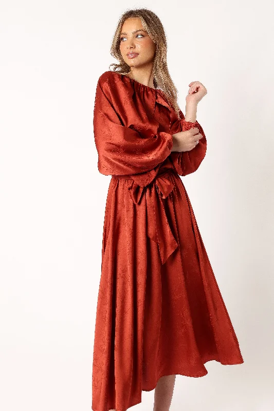 cocktail dresses with lace backs for intricate detail --Lexie Long Sleeve Midi Dress - Bronze