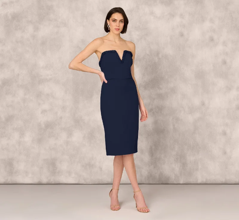 Stunning wedding guest dresses with delicate floral appliqué -Strapless Bonded Crepe Midi Dress With Beaded Notch Neckline In Twilight