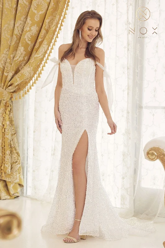 cocktail dresses with sweetheart necklines for romantic looks --Sequin Fitted Off Shoulder Gown by Nox Anabel C1095