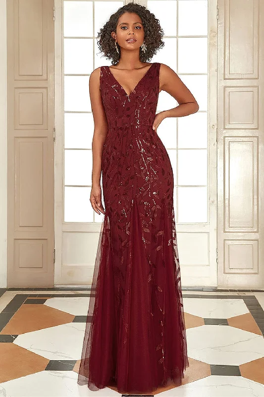 formal dresses for holiday parties in jewel tones --Applique Fitted V-Neck Mesh Gown by Amelia Couture 7886