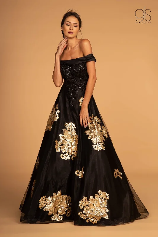 cocktail dresses with beaded bodices for sparkle --Floral Sequin Long Off the Shoulder Dress by GLS Gloria GL2542