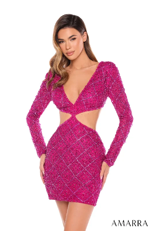 Graduation dresses for a modern, edgy look with unique cuts -Beaded Short Cutout Long Sleeve Dress by Amarra 88034