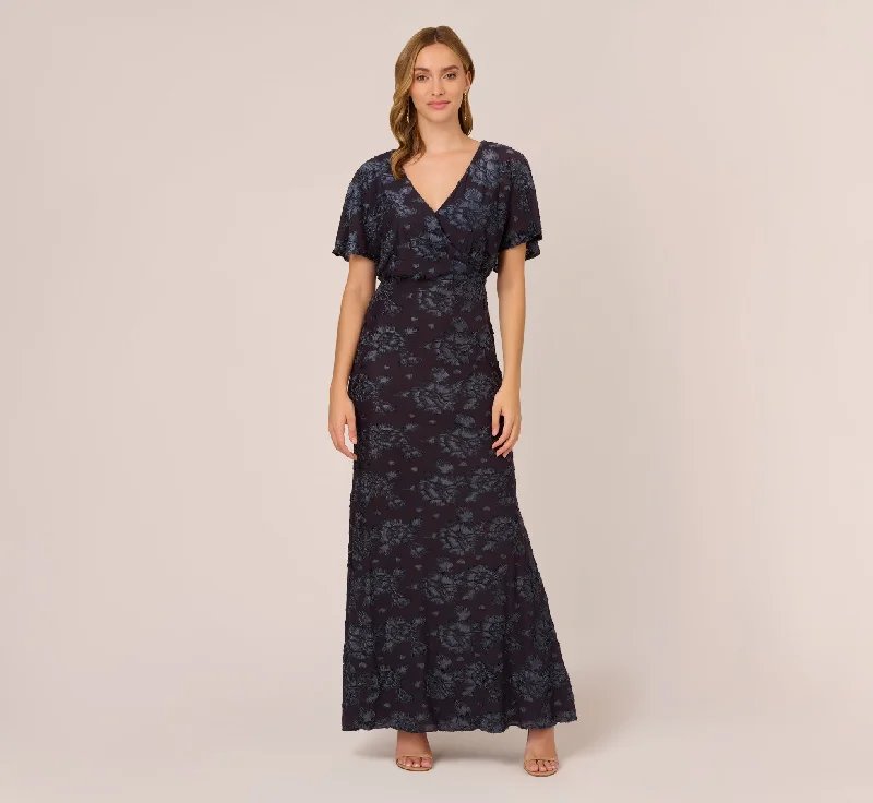 formal dresses for beach parties with light, airy fabrics --Floral Burnout Velvet Long Blouson Gown In Midnight