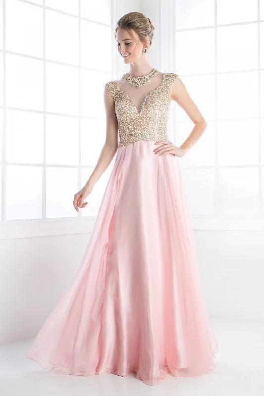 Wedding guest dresses in luxurious fabrics like velvet and satin -Jeweled Illusion A-line Gown by Cinderella Divine 8732