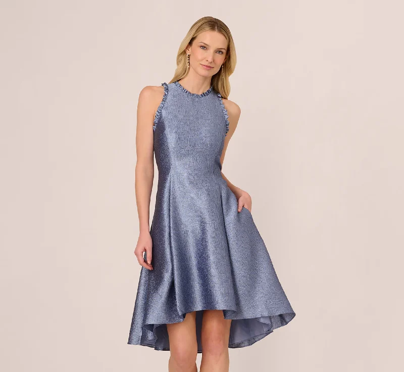 Bright-colored spring dresses for a bold statement -High Low Fit And Flare Crinkle Jacquard Dress In Spring Blue