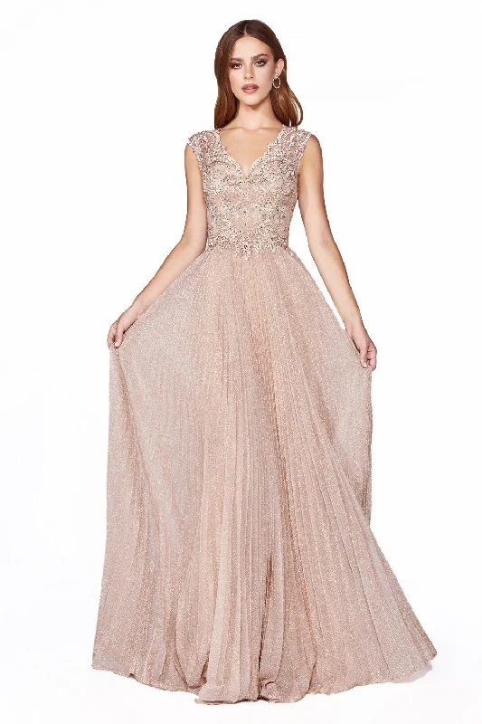 Wedding guest dresses in luxurious fabrics like velvet and satin -Long Cap Sleeve Metallic Lace Dress by Cinderella Divine HT011