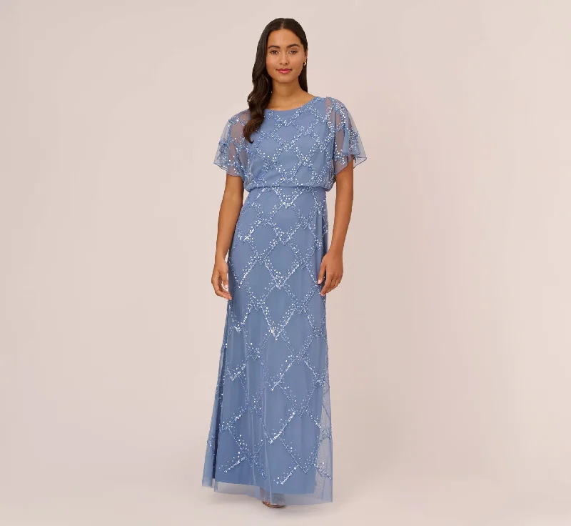 formal dresses with high necklines for modest fashion lovers --Hand-Beaded Blouson Long Gown With Flutter Sleeves In French Blue