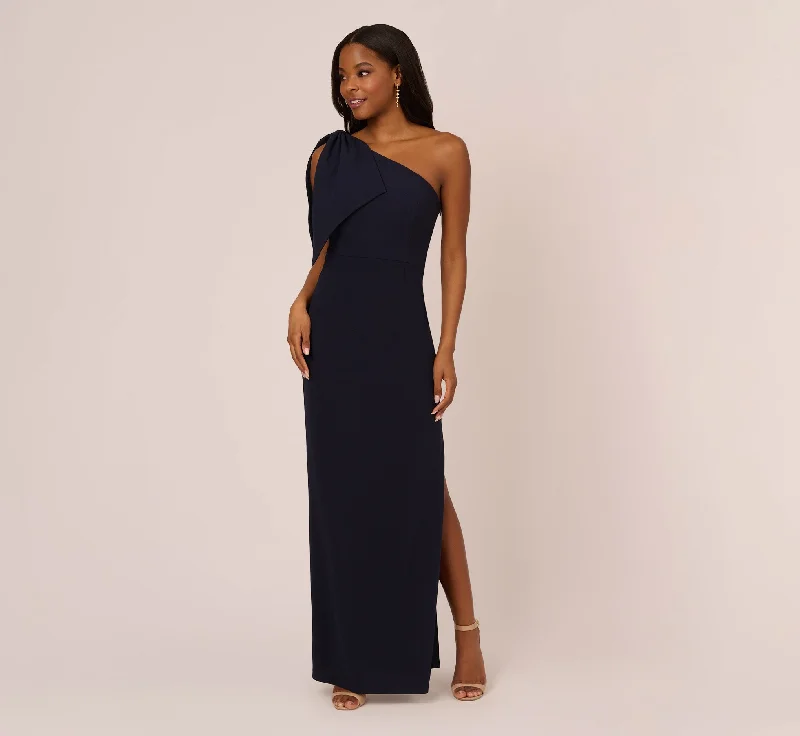 formal dresses with adjustable straps for custom fit --One Shoulder Crepe Gown With Bow Accent In Midnight