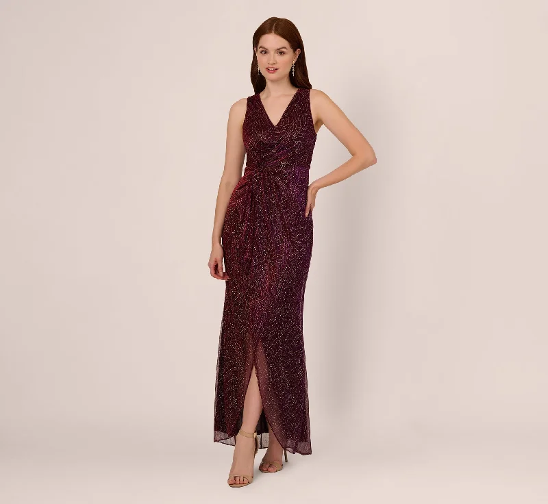 formal dresses for young adults with trendy cuts --Metallic Mesh Faux Wrap Gown With Ruffle Accents In Burgundy Gold