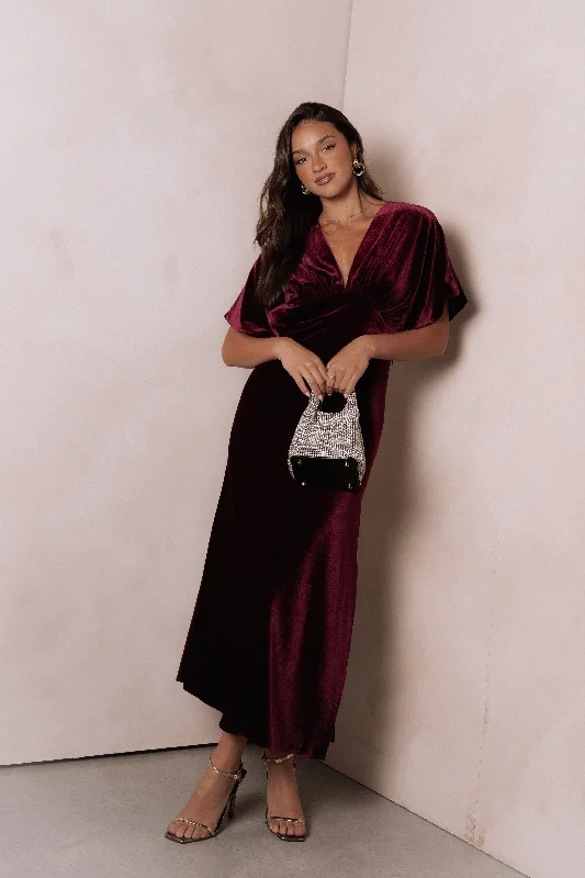 emerald green bridesmaid dresses for fall weddings outdoor --Ricki Velvet Maxi Dress - Wine