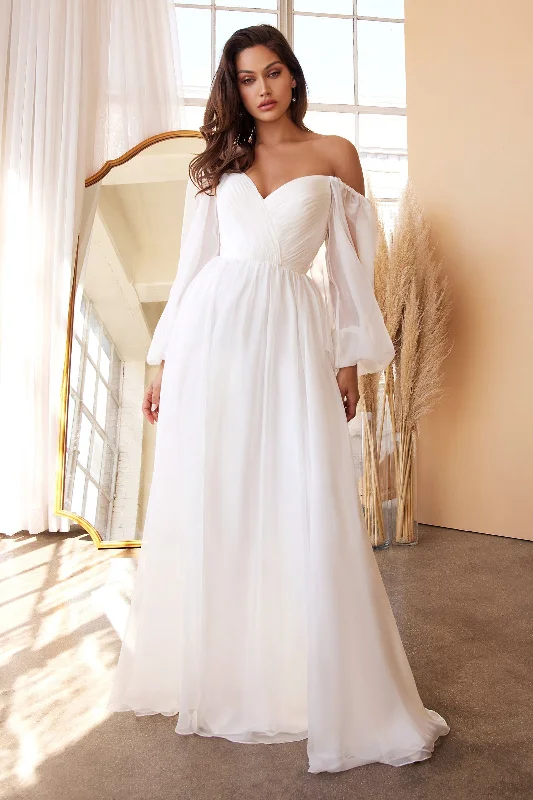 Best wedding guest dresses for fall events -White Long Sleeve Chiffon Gown by Cinderella Divine CD243W