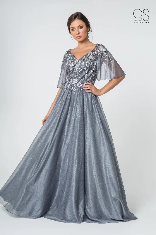 Best wedding guest dresses for rustic-themed celebrations -Long Floral Applique Dress with Flutter Sleeves by Elizabeth K GL2830