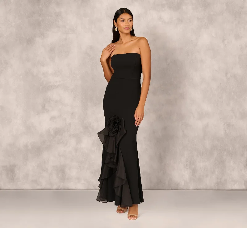 formal dresses made from recycled polyester for eco-conscious buyers --Crepe Strapless Mermaid Gown With Organza Ruffle Skirt In Black