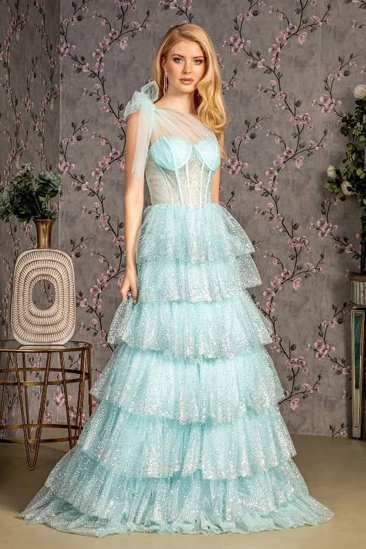cocktail dresses with ruched bodices for flattering fit --Glitter One Shoulder Tiered Ruffled Gown by GLS Gloria GL3454
