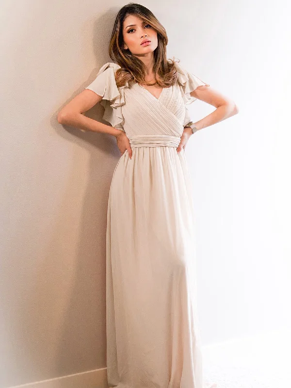 Classy knee-length dresses for cocktail events -Maxi Long Chiffon Wholesale Evening Dress With Ruffles Sleeves